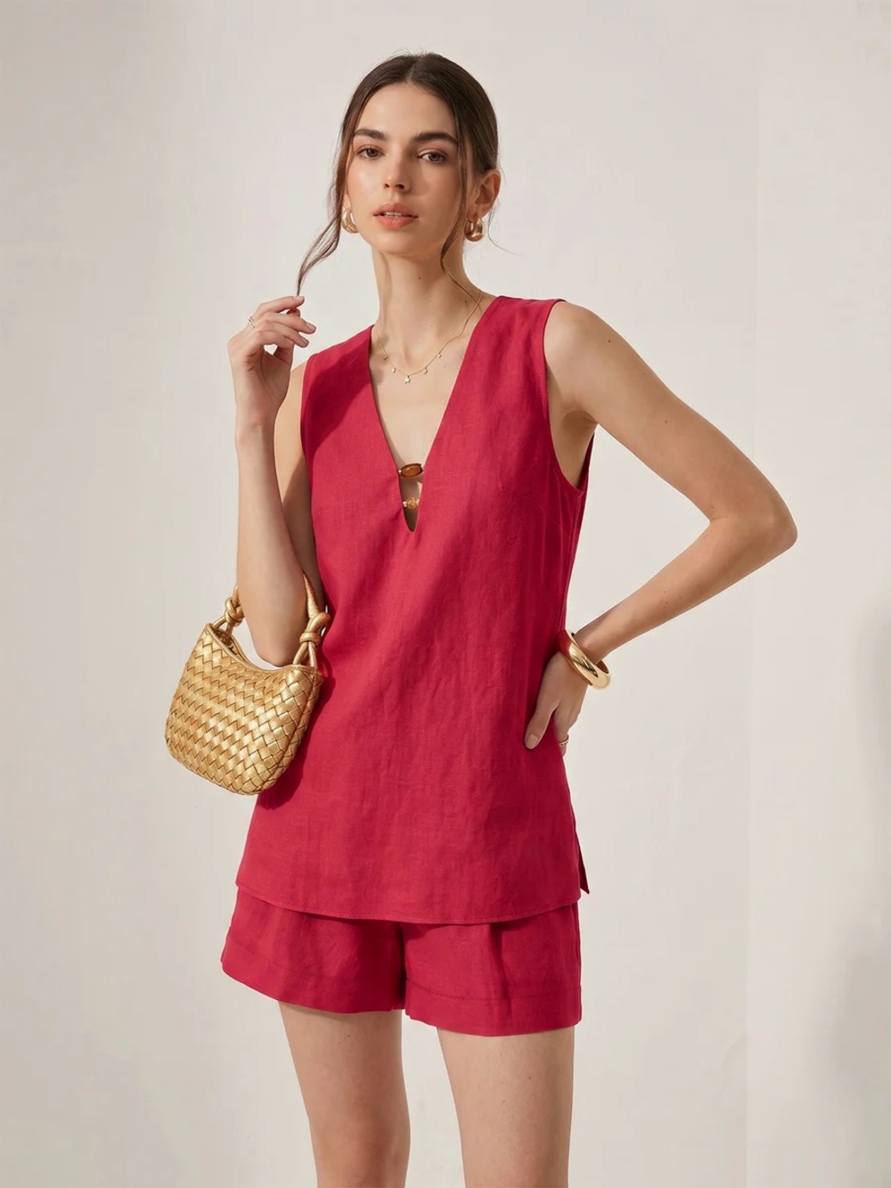 Commense Beaded Linen Blend Top & Shorts Set